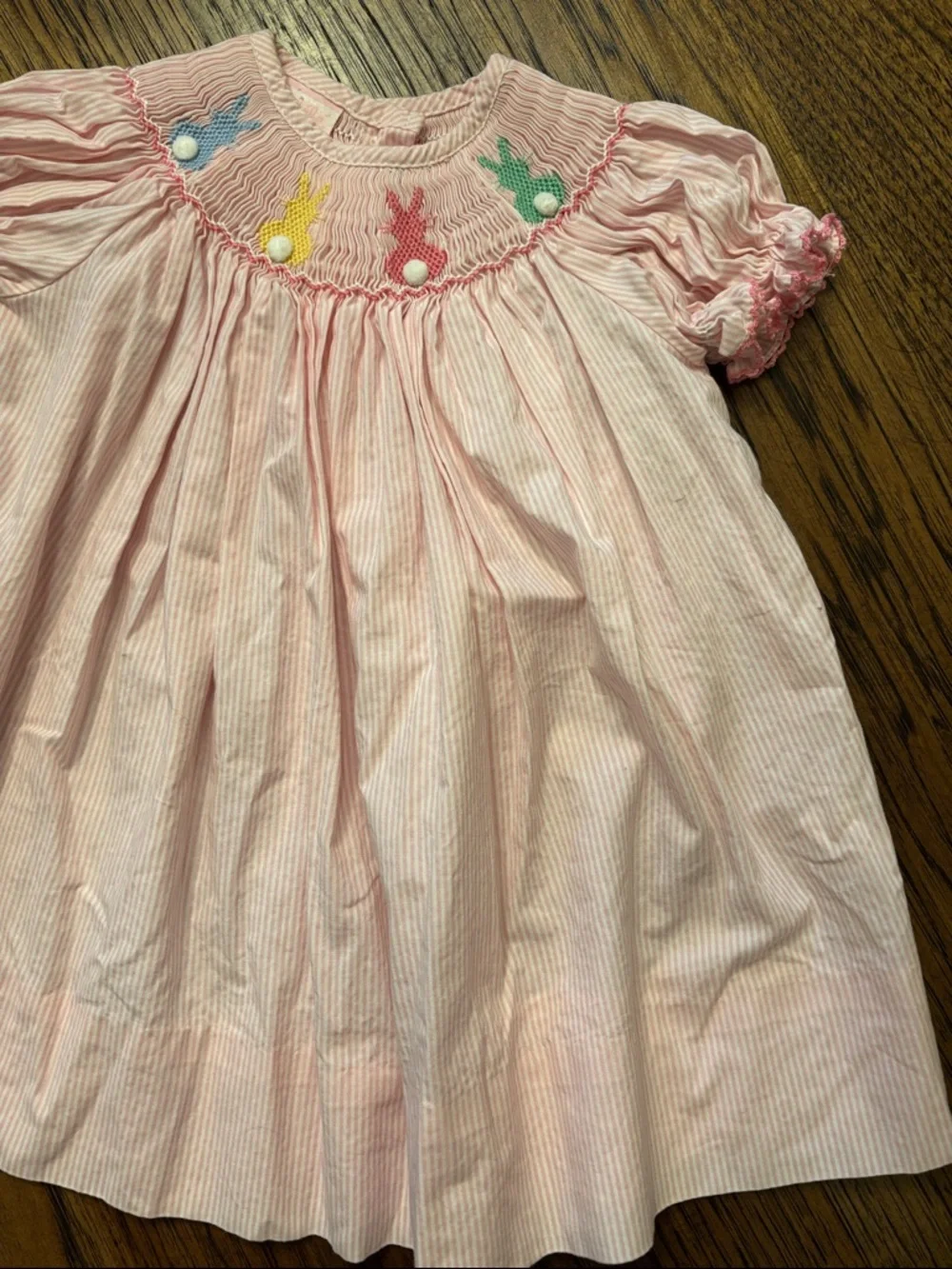 Petit Bébé Baby Girl 9M Pink Stripe Hand Smocked Bunny Dress NWOT Easter Cotton